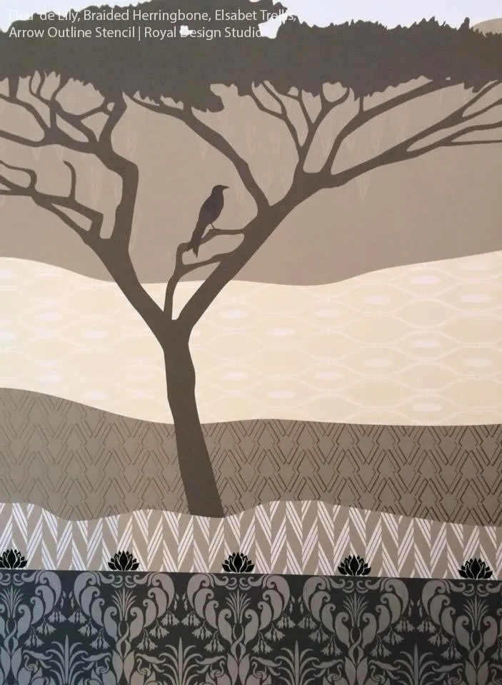 Broken Braid Herringbone Raven   Lily Wall Stencil