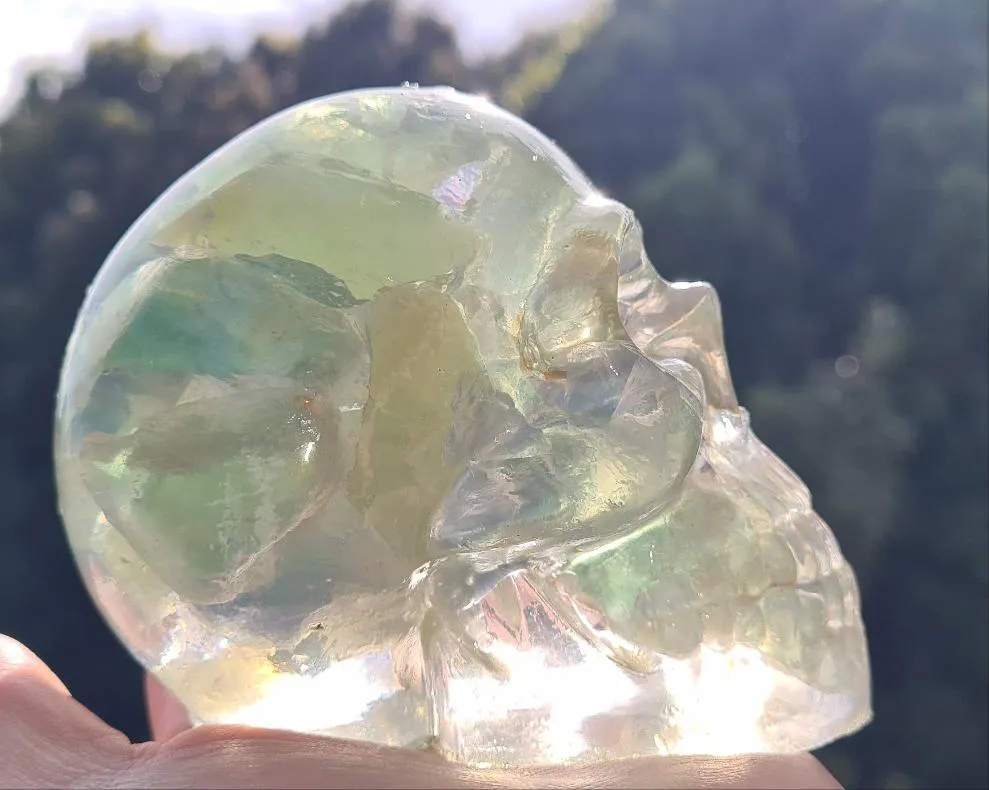 CRYSTAL RESIN SKULL MADE BY ME green flourite green calcite crystals