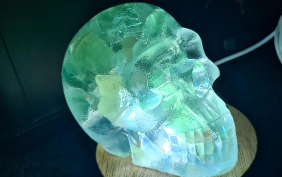 CRYSTAL RESIN SKULL MADE BY ME green flourite green calcite crystals